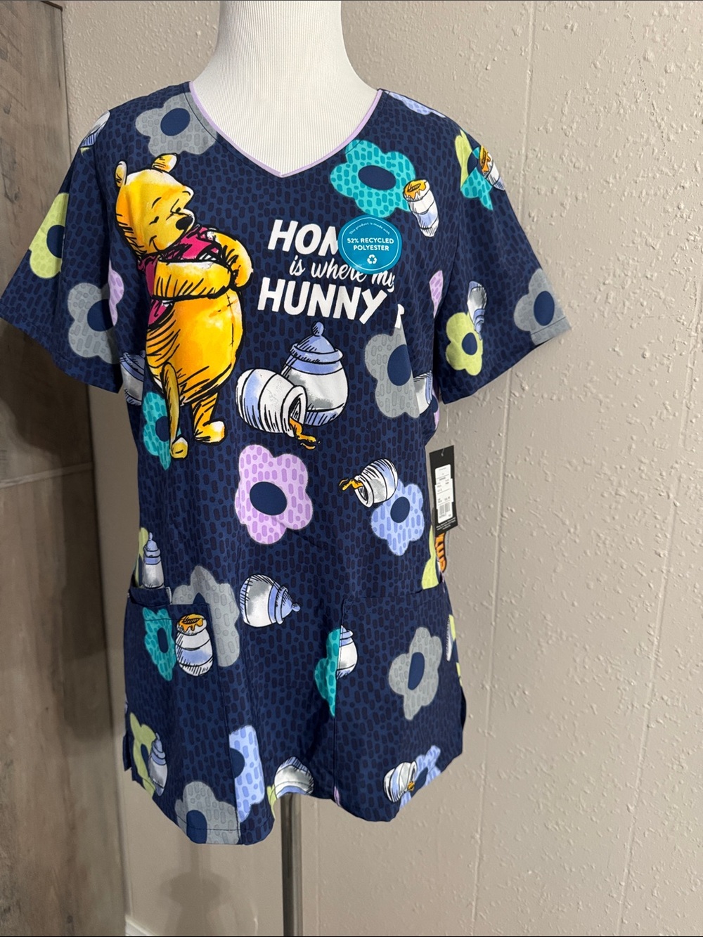 Cherokee Navy Winnie the Pooh 'Home is Where My Hunny' Printed Scrub Top